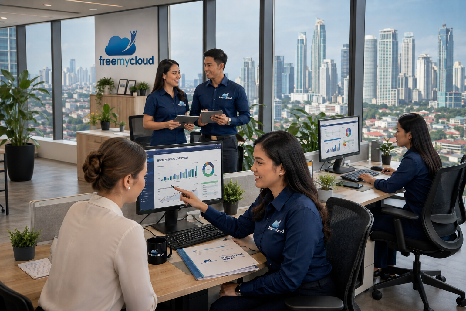 FreeMyCloud graduate accountants reviewing bookkeeping dashboards at their Manila Philippines office