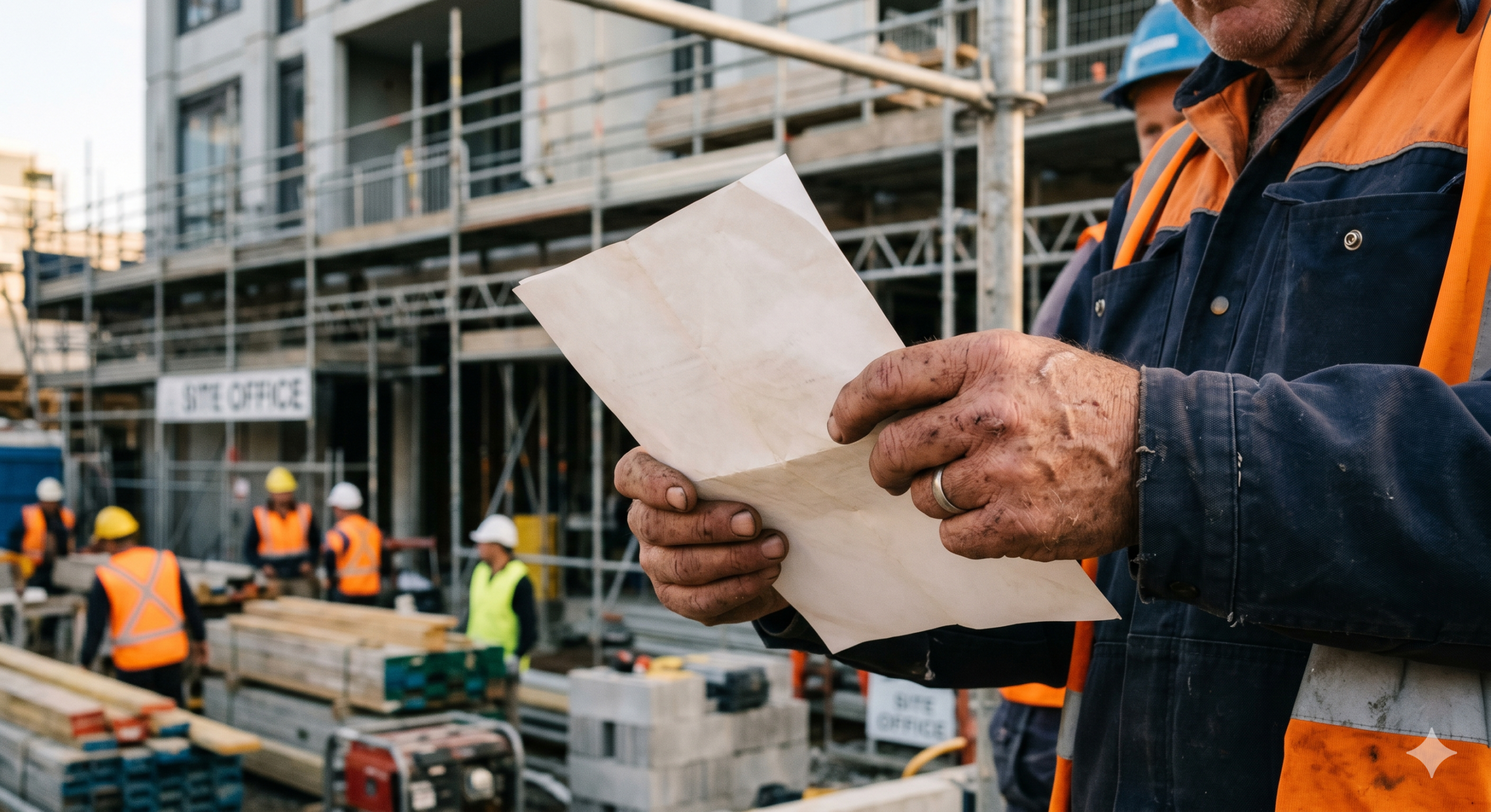 Tradie reviewing invoices at Australian construction site
