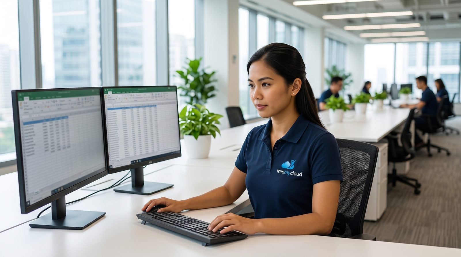 Graduate accountant in a navy freemycloud polo shirt working at a desktop PC in the FreeMyCloud open plan office in Manila
