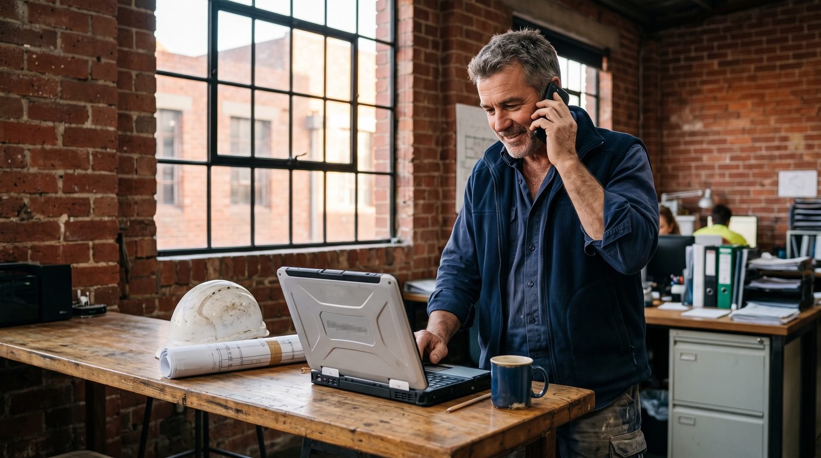 Australian building company owner standing at a bench in a red brick warehouse office, on the phone with a laptop, hard hat and rolled plans beside him