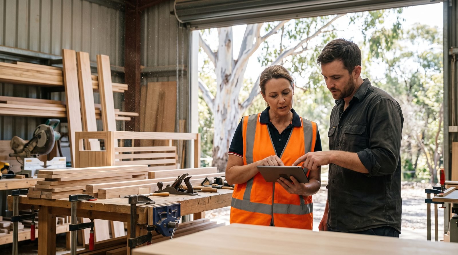 Two Australian business owners in a joinery workshop reviewing job costs on a tablet, with timber stacked behind them and a gum tree through the open roller door
