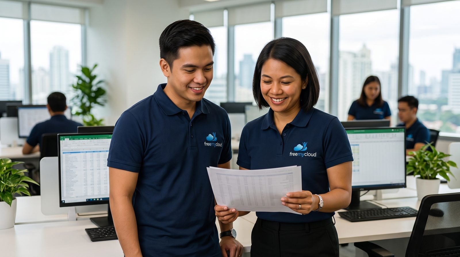 Two FreeMyCloud accountants in navy polo shirts reviewing a report in the Manila office