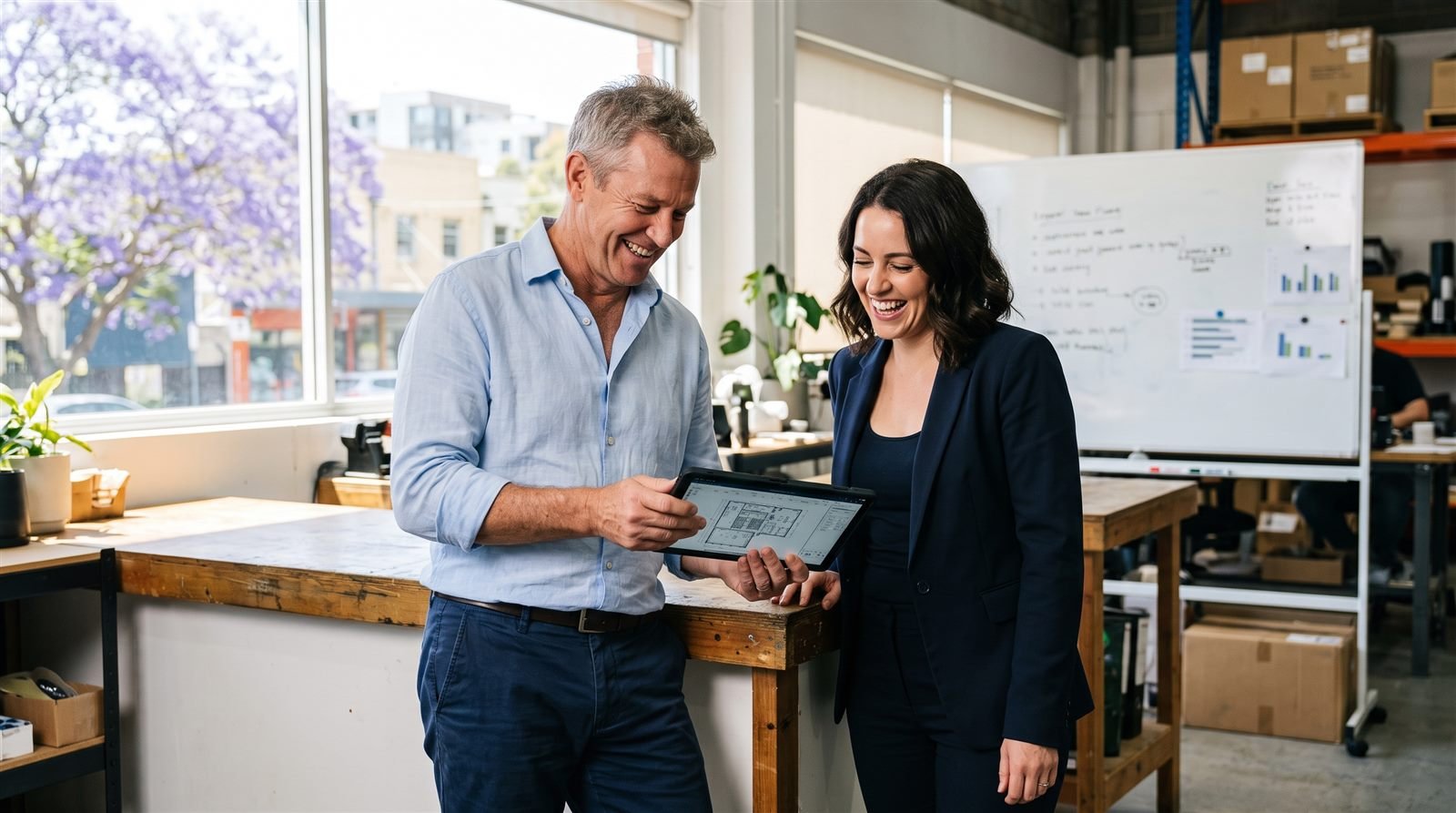 Two Australian business owners laughing over a tablet at a workbench in a bright warehouse office with a jacaranda tree outside the window
