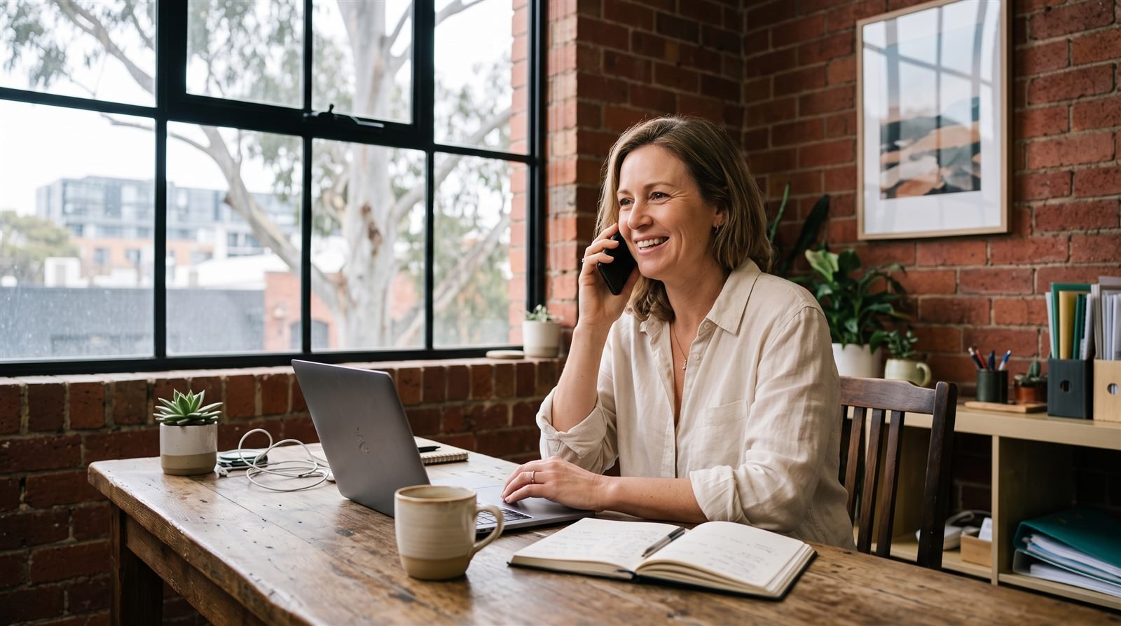 Australian small business owner on the phone in a Melbourne office