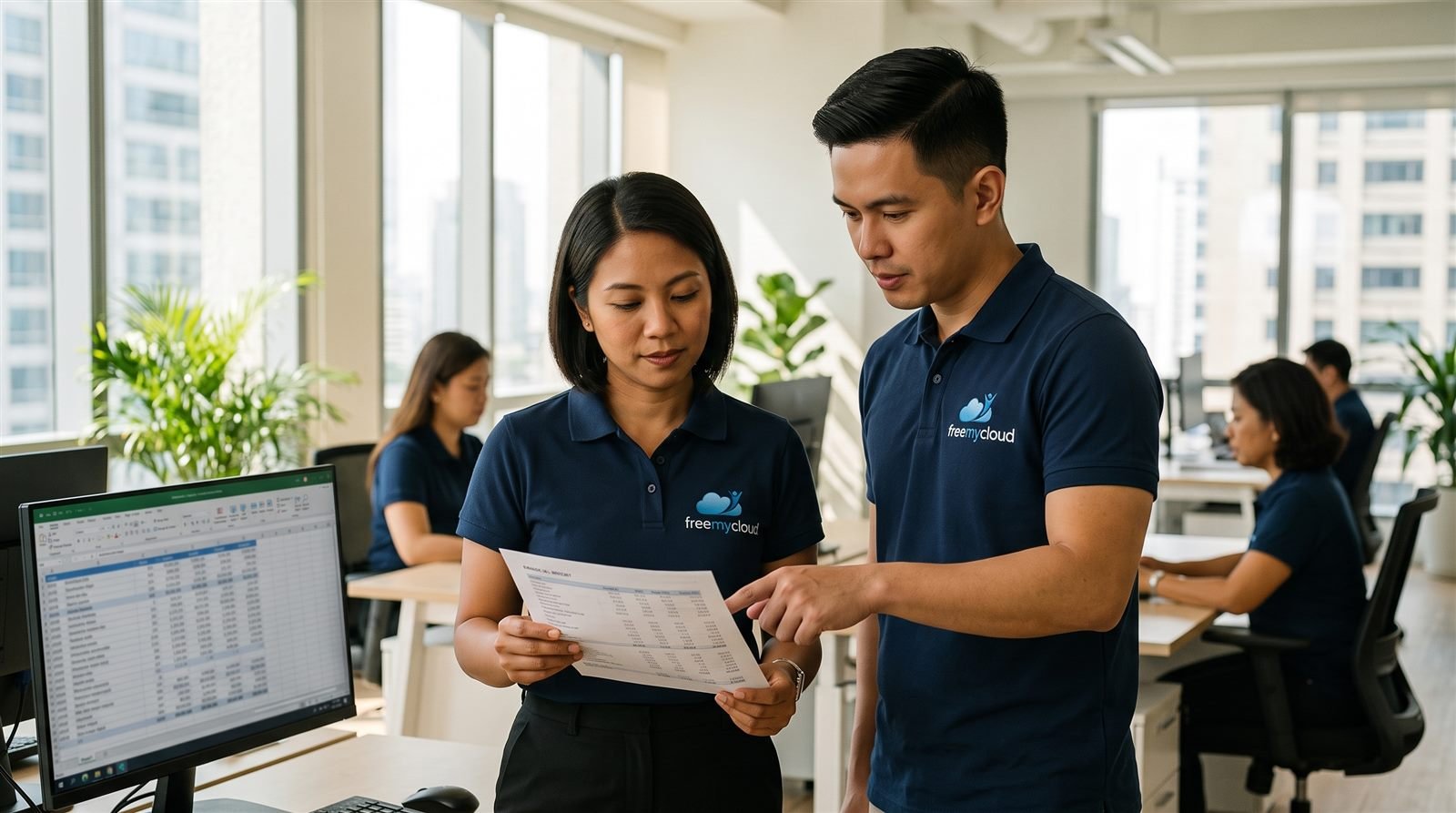 Two FreeMyCloud accountants in navy freemycloud polo shirts reviewing a printed report together beside a monitor showing a ledger in the open-plan Manila office