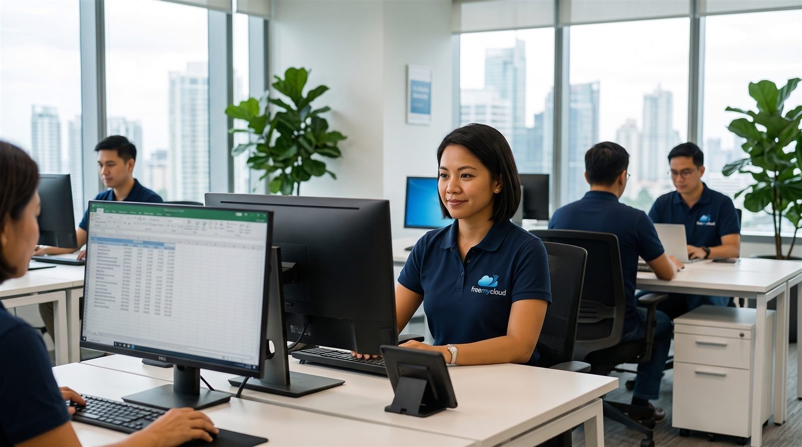 FreeMyCloud bookkeeper in a navy polo shirt working at a desk in the Manila office