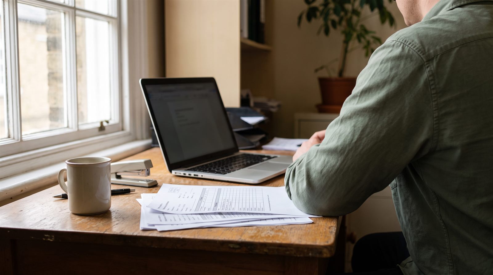 Printed payroll paperwork and timesheets on a small Australian business desk beside a window, with a laptop turned away from the camera