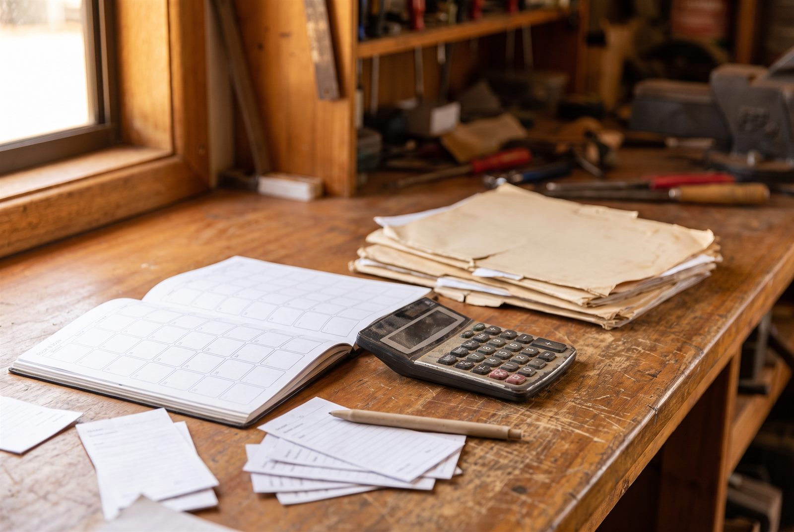 Open desk diary, calculator and manila folders on a scuffed timber desk in an Australian workshop office