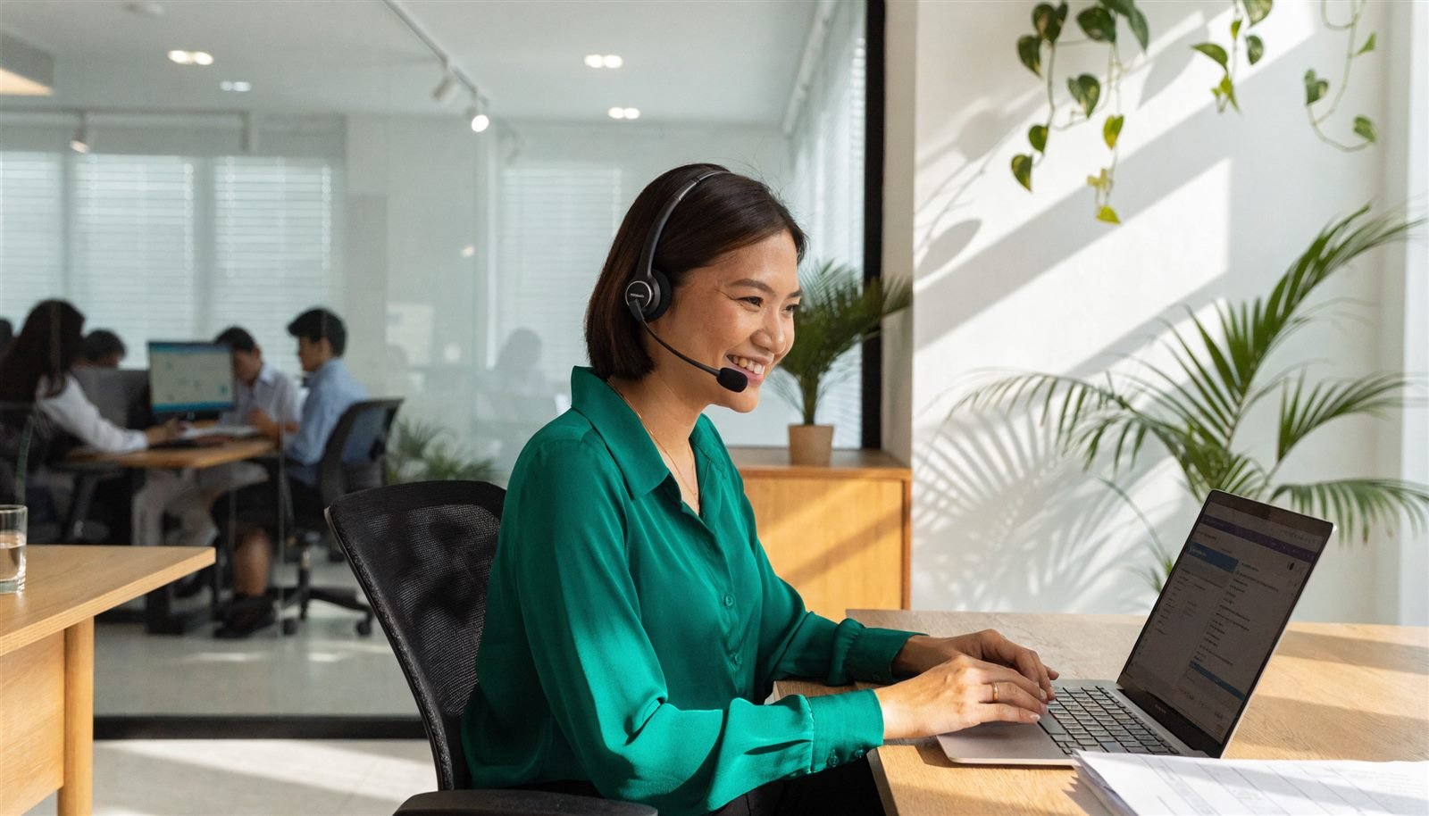 Smiling bookkeeper in a green blouse and headset working on a laptop payroll screen at a sunlit desk, with palms and colleagues behind a glass wall