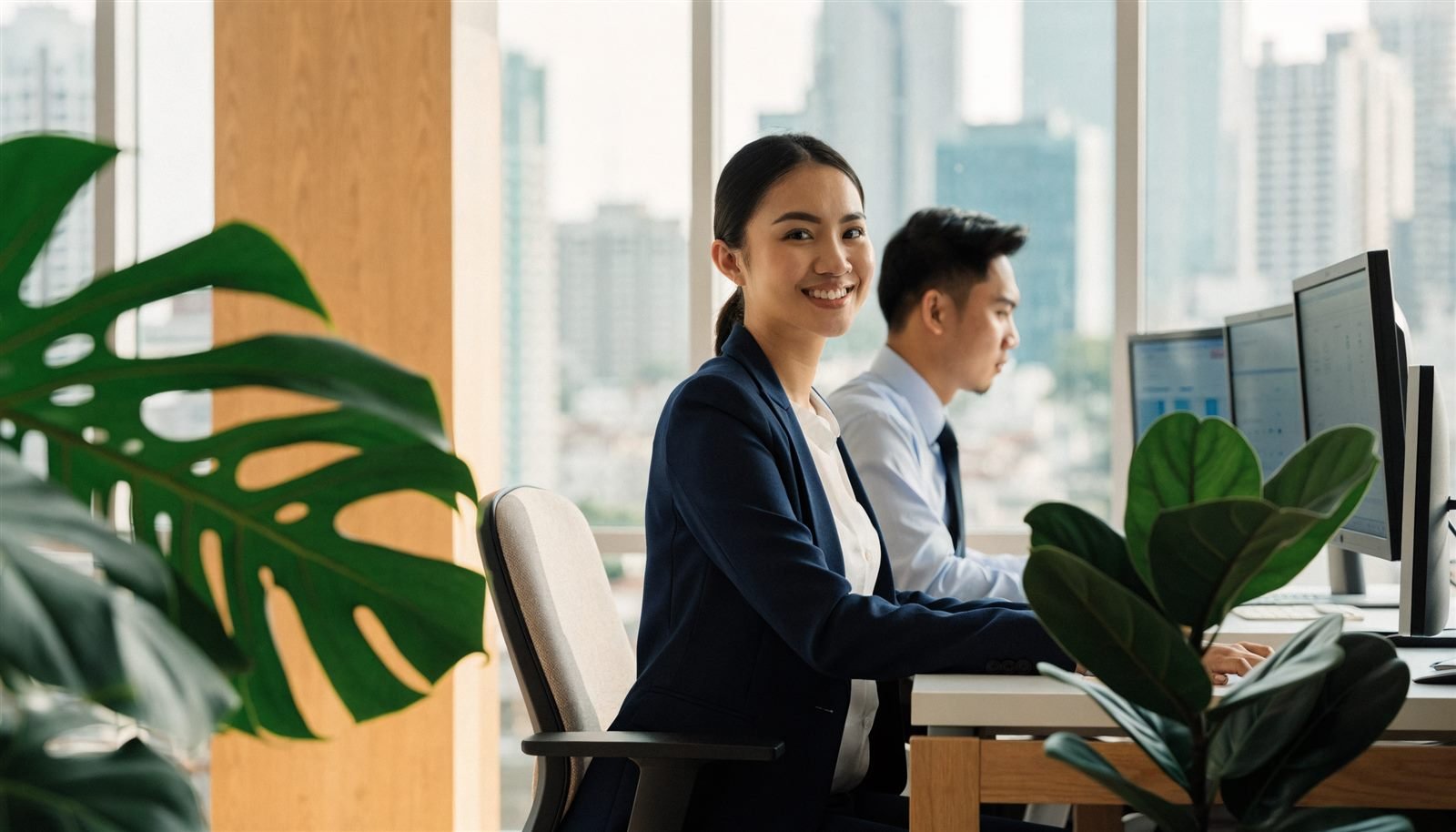 Two well-dressed accountants at dual-monitor desks in a bright Makati office, monstera and fig plants by the window and the Manila skyline behind