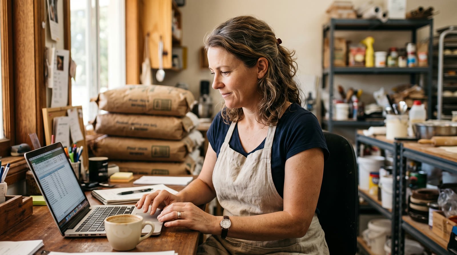 Australian bakery owner in an apron checking the weekly pay run and super on a laptop in her Brisbane back office
