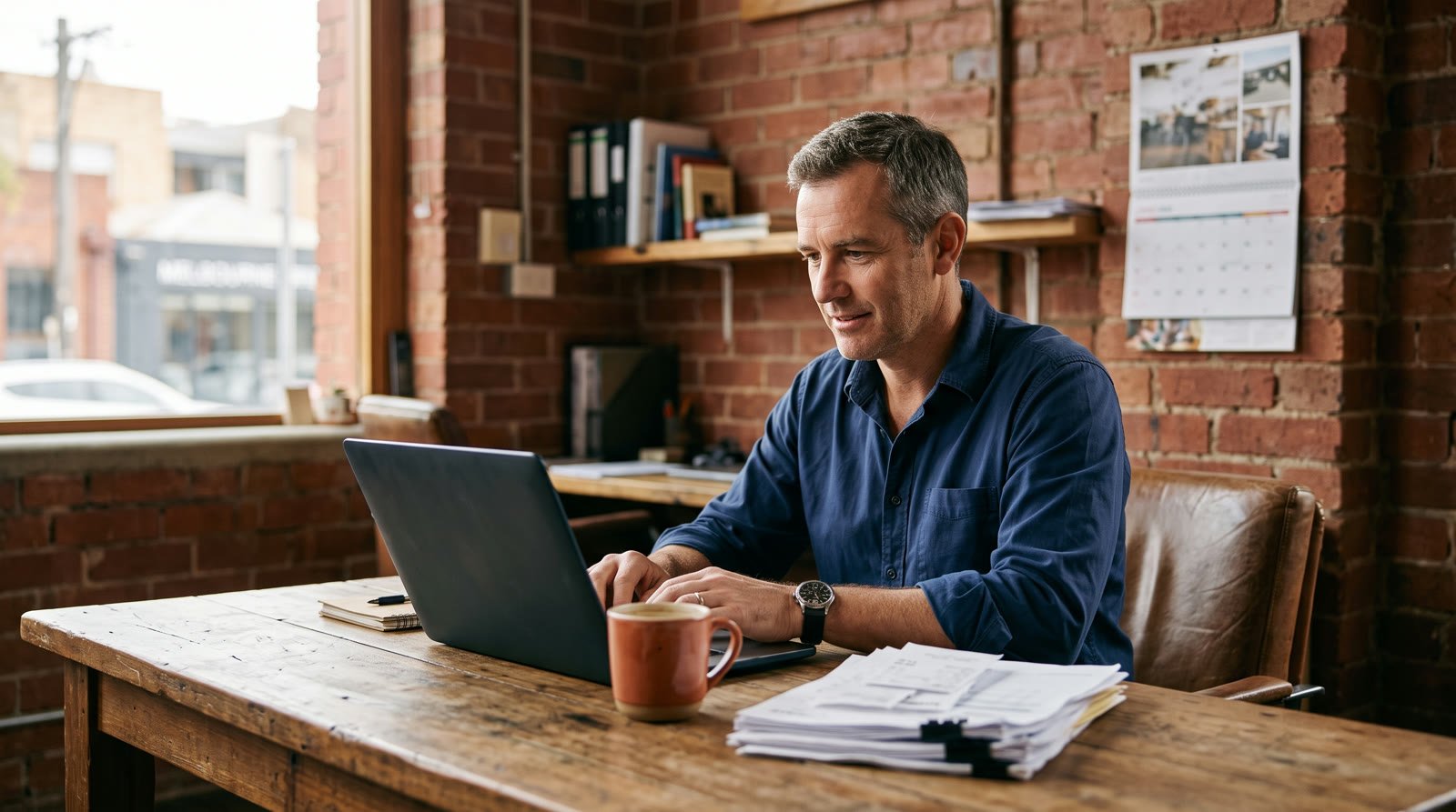 Australian business owner at a timber desk in a red-brick Melbourne warehouse office, working through supplier invoices on a laptop before his BAS is lodged