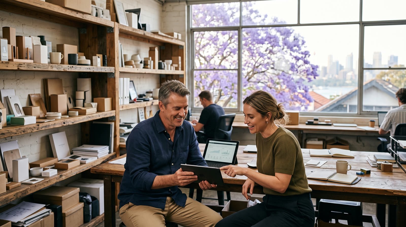 Two Australian business owners reviewing an employee's final pay figures on a tablet in a bright Sydney warehouse office