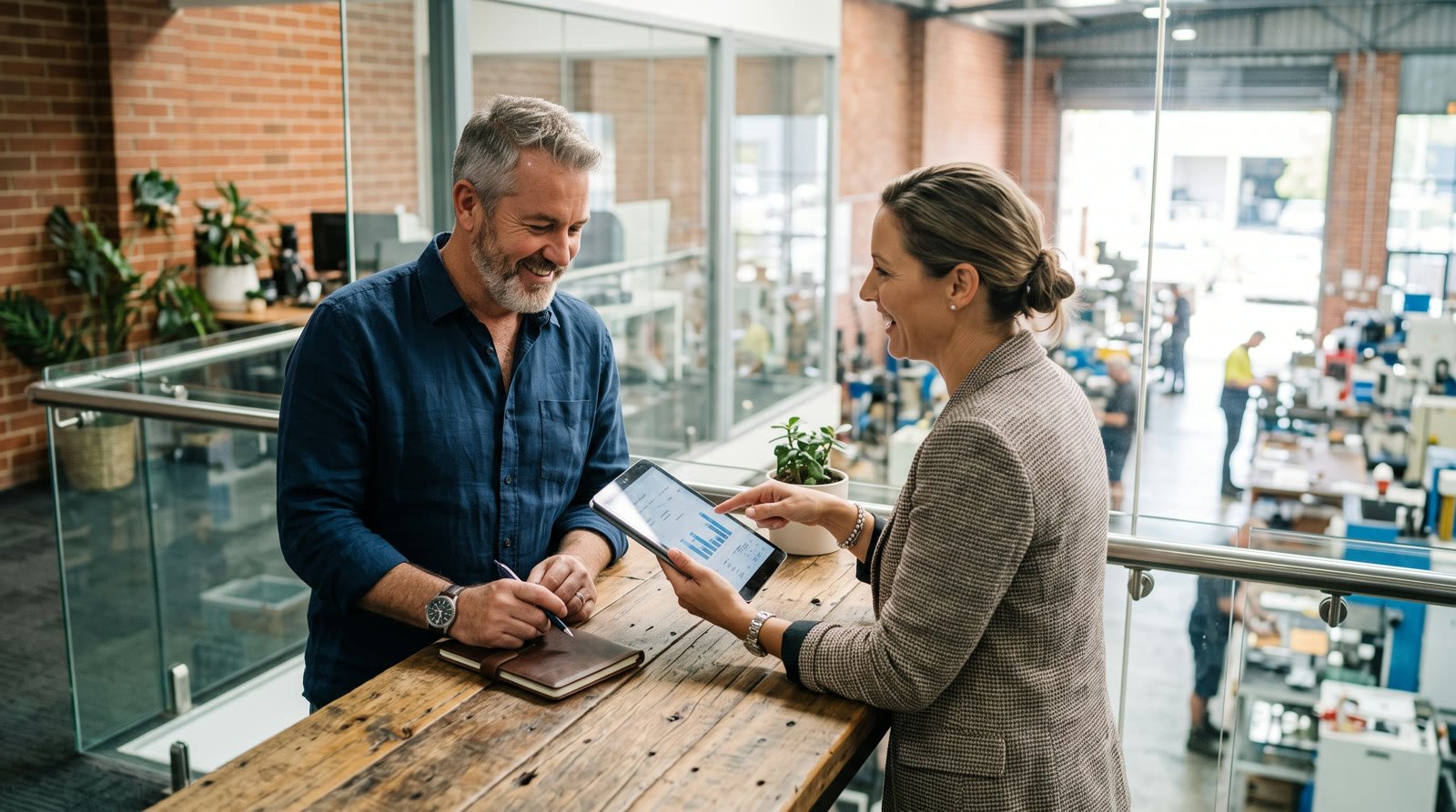 Two Australian business owners reviewing staff numbers on a tablet in the mezzanine office above their Perth workshop