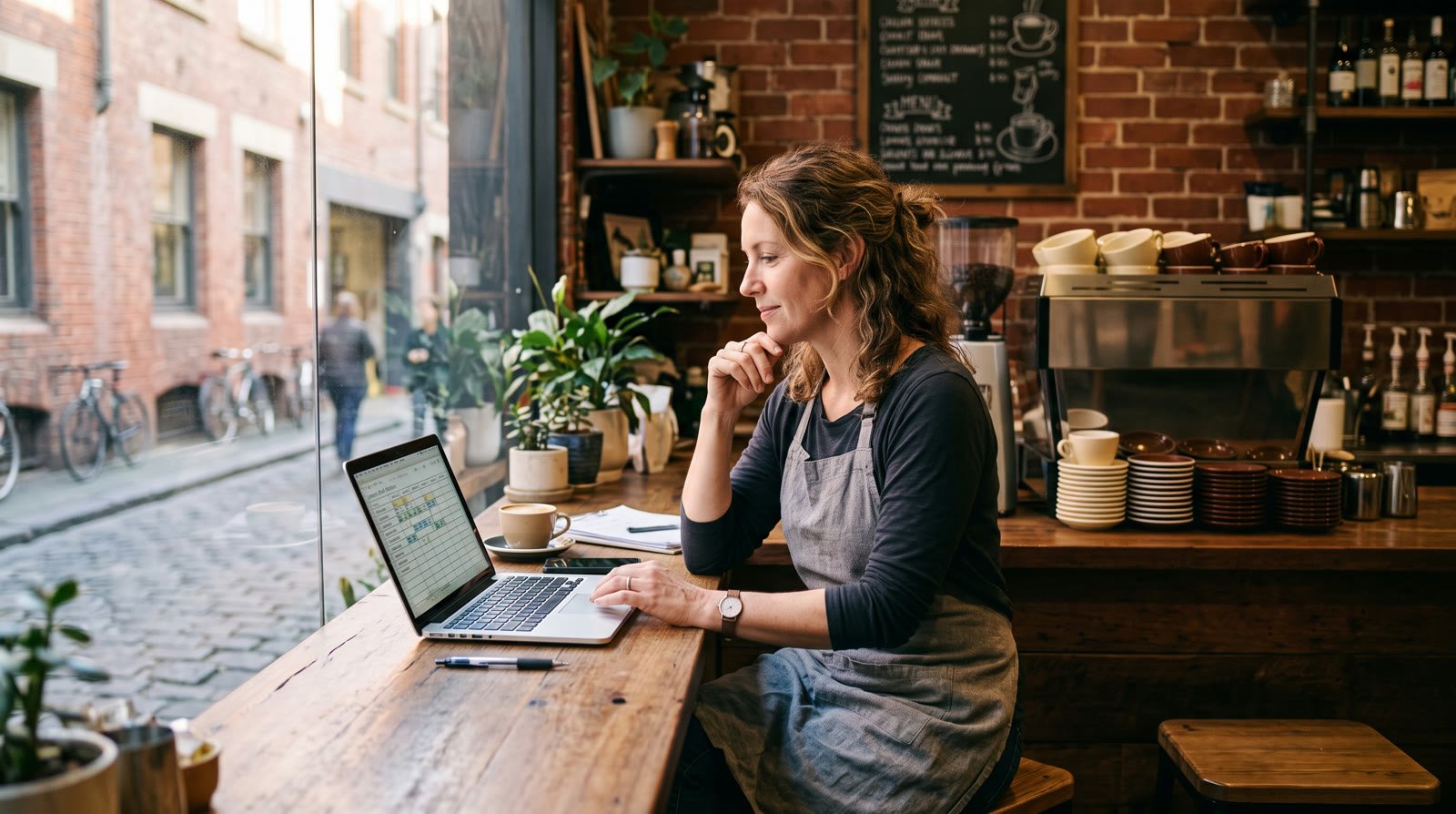 Australian cafe owner checking the staff leave roster on a laptop at the counter of a Melbourne cafe before opening