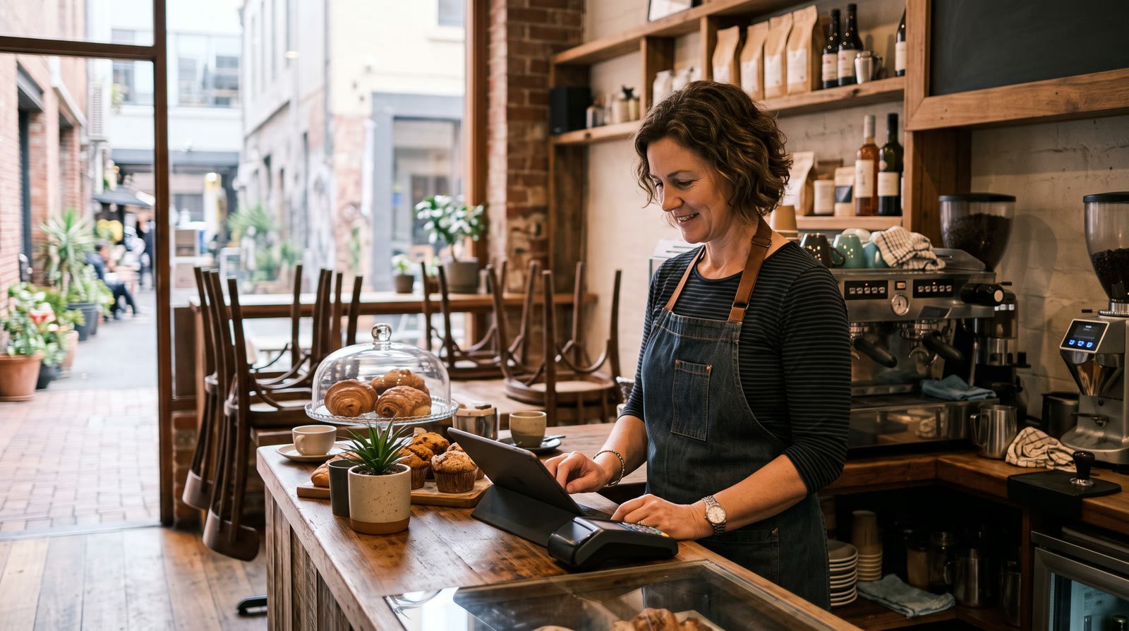 Australian cafe owner in a denim apron checking the morning's sales on a tablet beside a card terminal and espresso machine in a Melbourne laneway cafe
