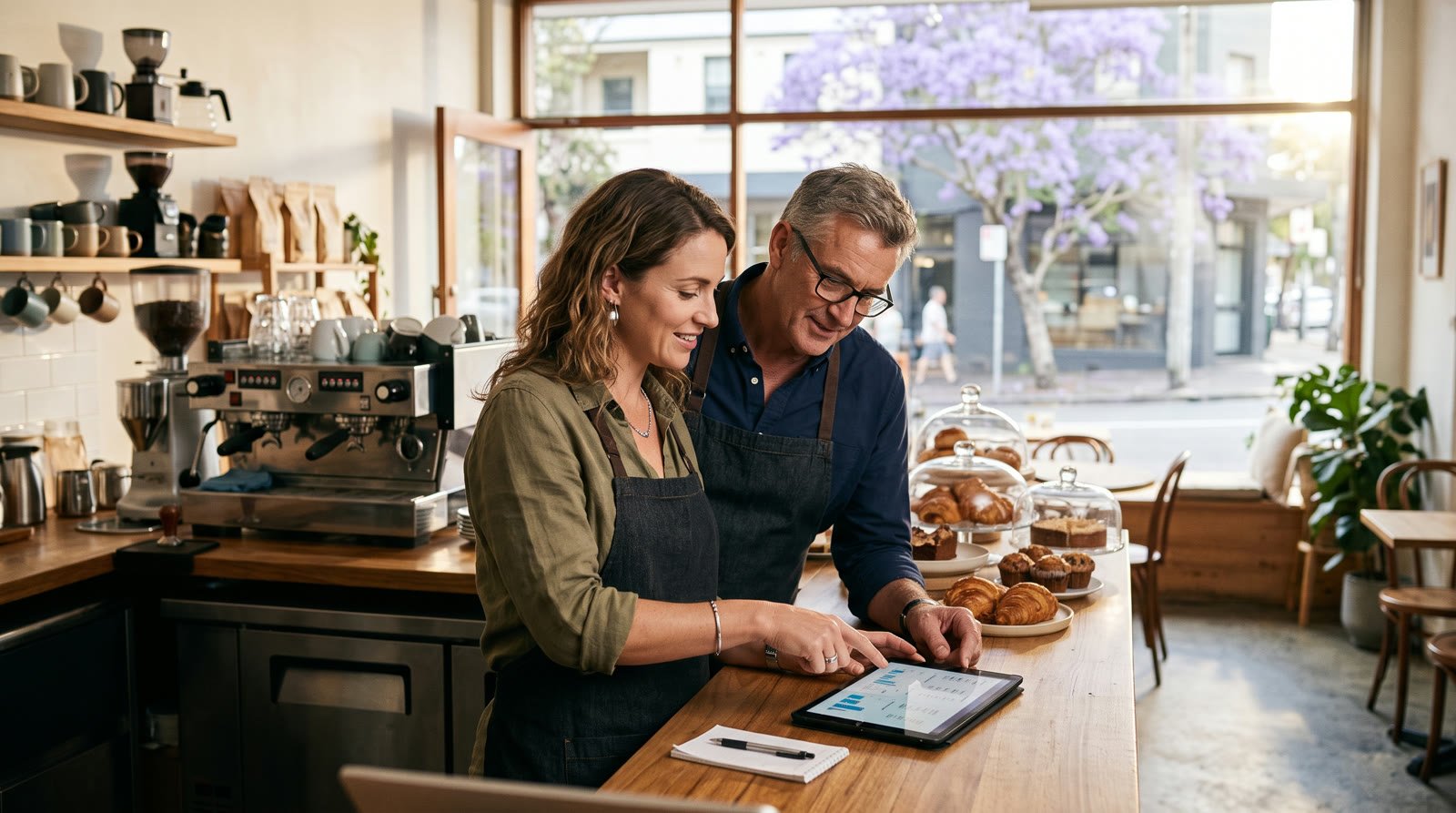 Two Australian cafe owners at their counter in Sydney reviewing the quarter's figures on a tablet before opening