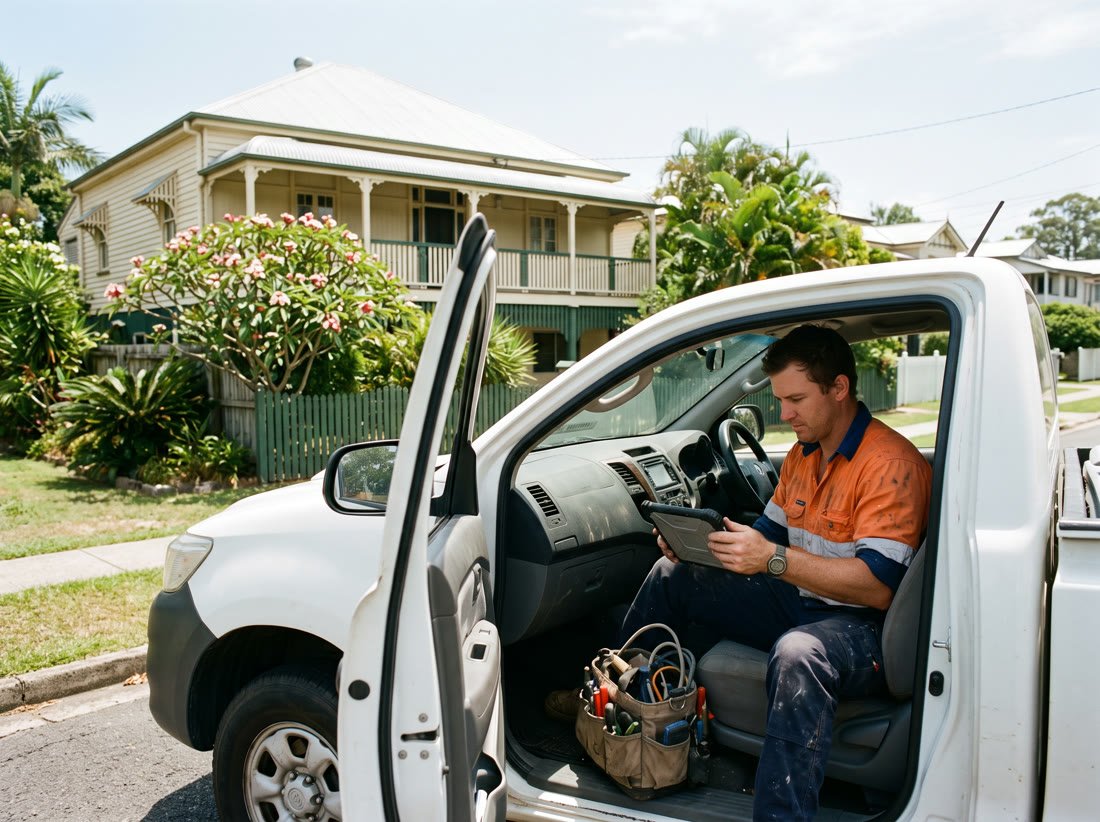 Australian electrician in a hi-vis work shirt checking invoices on a tablet in the cab of his ute outside a job in suburban Brisbane