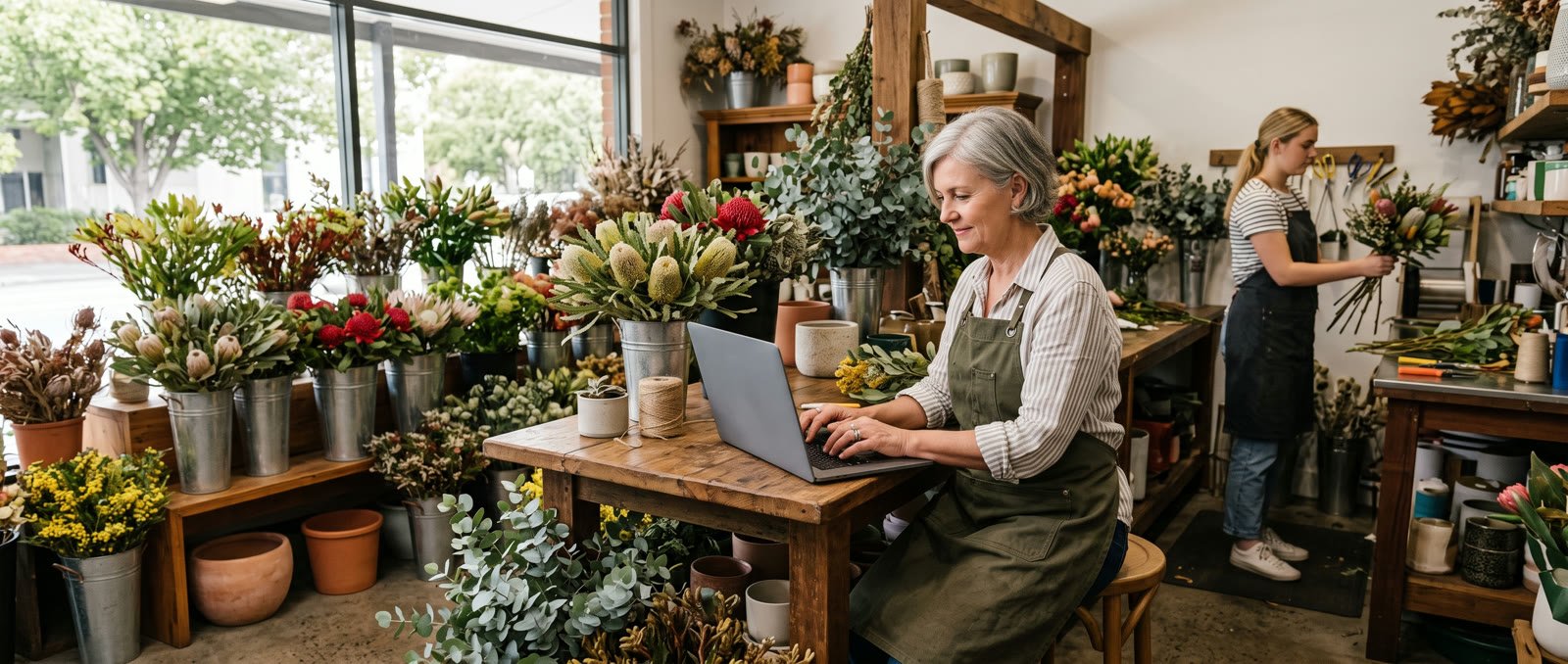Australian florist owner working on a laptop at the timber counter of her flower shop in Adelaide, buckets of native flowers behind her