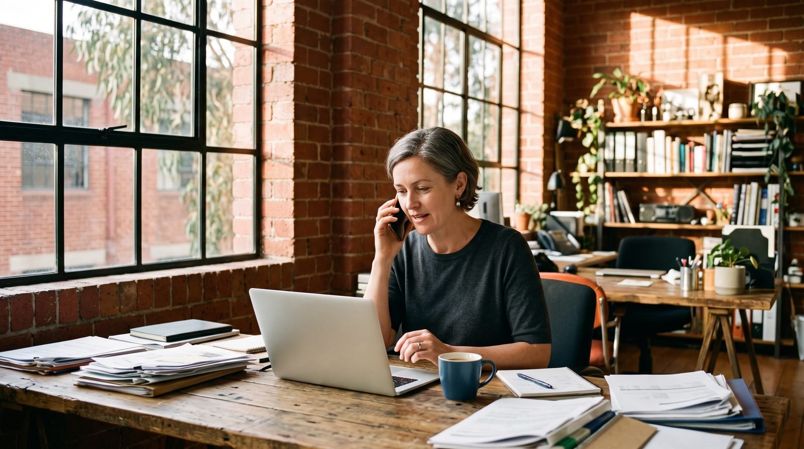 Australian small business owner at a timber desk in a converted red-brick warehouse office in Melbourne, on the phone with a laptop and paperwork open in front of her