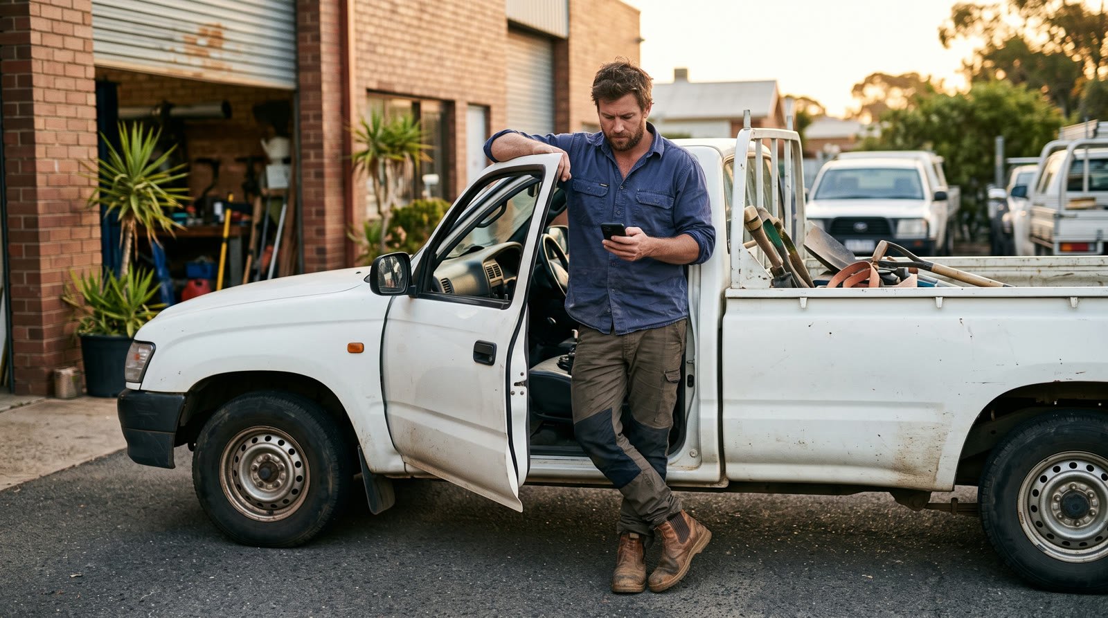 Australian tradie leaning on his white work ute outside an Adelaide workshop, checking a car logbook app on his phone