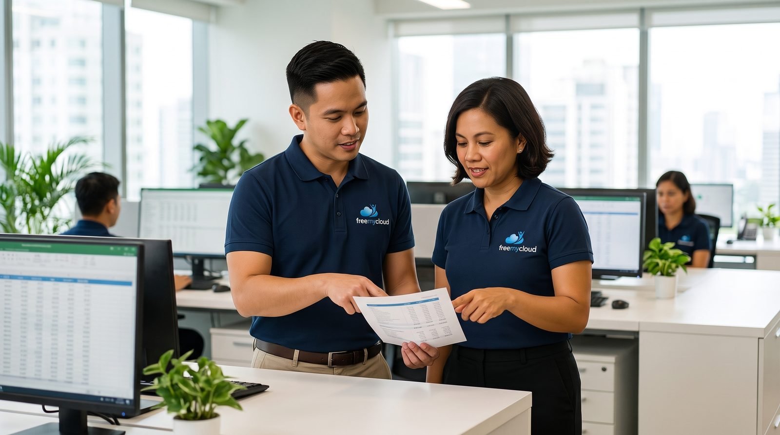 Two FreeMyCloud graduate accountants in navy freemycloud polo shirts standing at a desk in the Manila office, reviewing a printed payroll report together