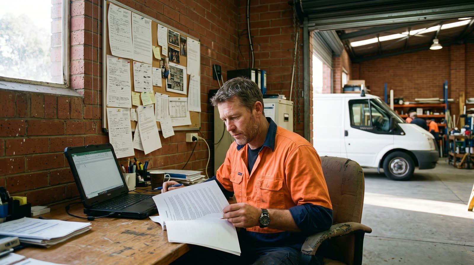 Australian electrical contracting business owner in a hi-vis shirt reading a contractor agreement at a laptop in his red-brick Melbourne warehouse office