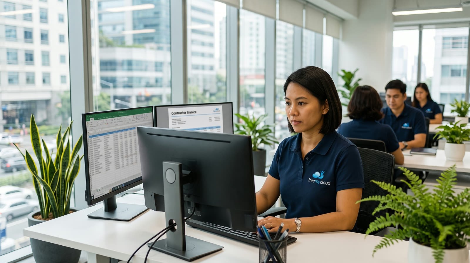 FreeMyCloud accountant in a navy freemycloud polo shirt checking a contractor invoice against the payroll spreadsheet in the Manila office