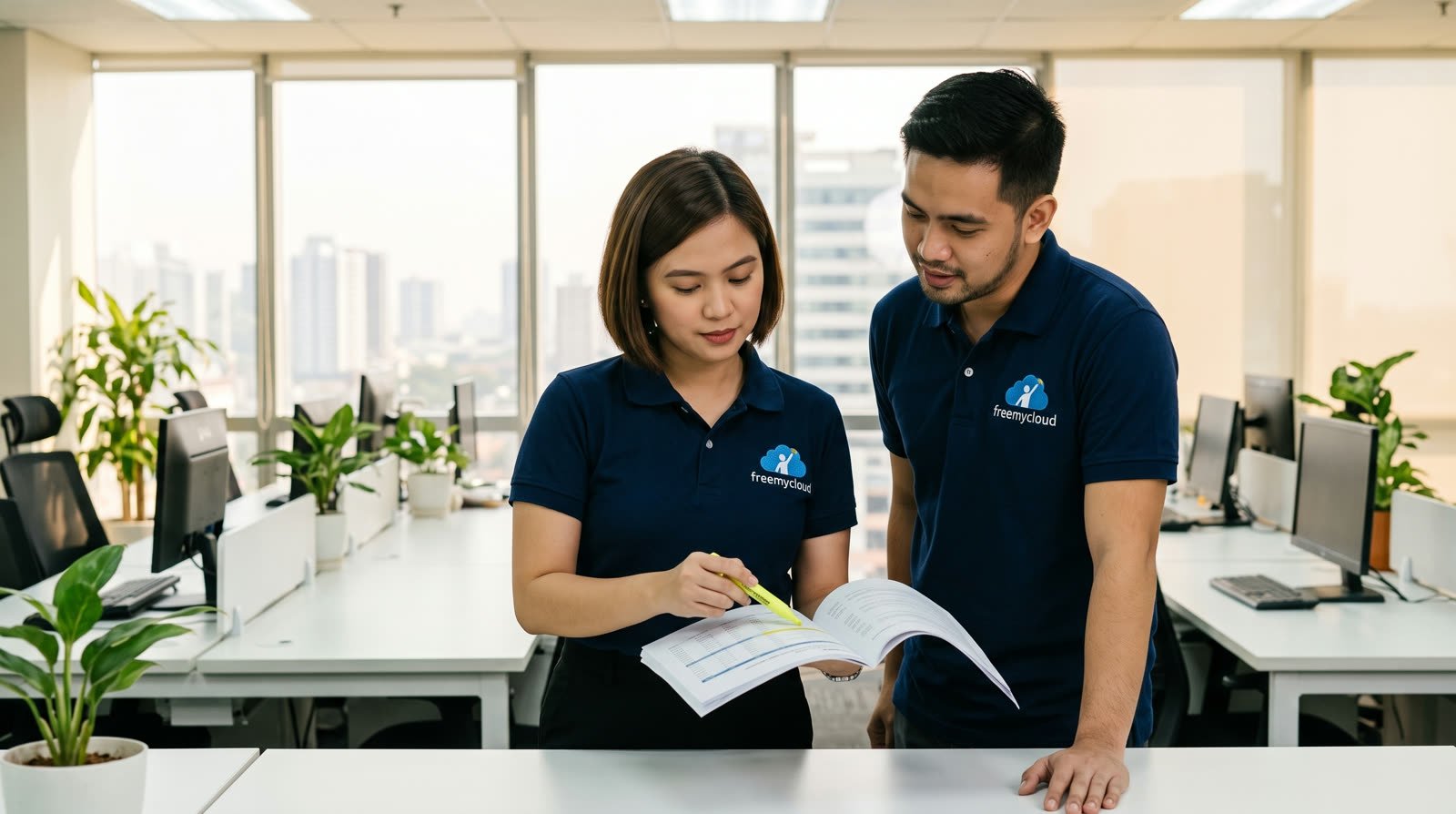Two FreeMyCloud accountants in navy freemycloud polo shirts reviewing a printed contractor report with a highlighter in the Manila office
