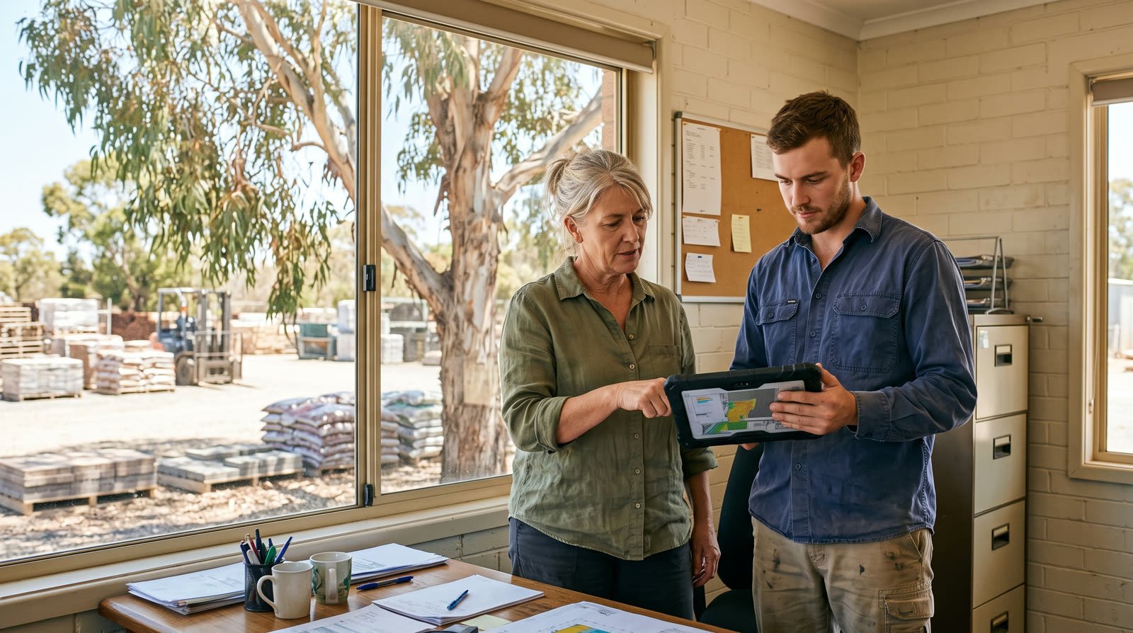 Two Australian business owners in a landscaping supply yard office reviewing contractor and payroll records on a tablet