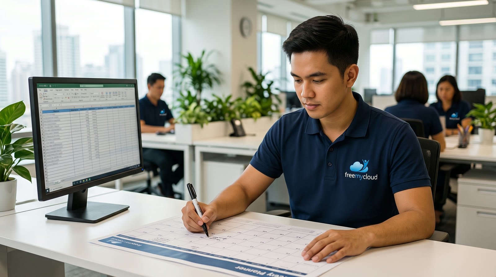 FreeMyCloud accountant in a navy freemycloud polo shirt marking ATO due dates on a printed planner at his desk in the open-plan Manila office
