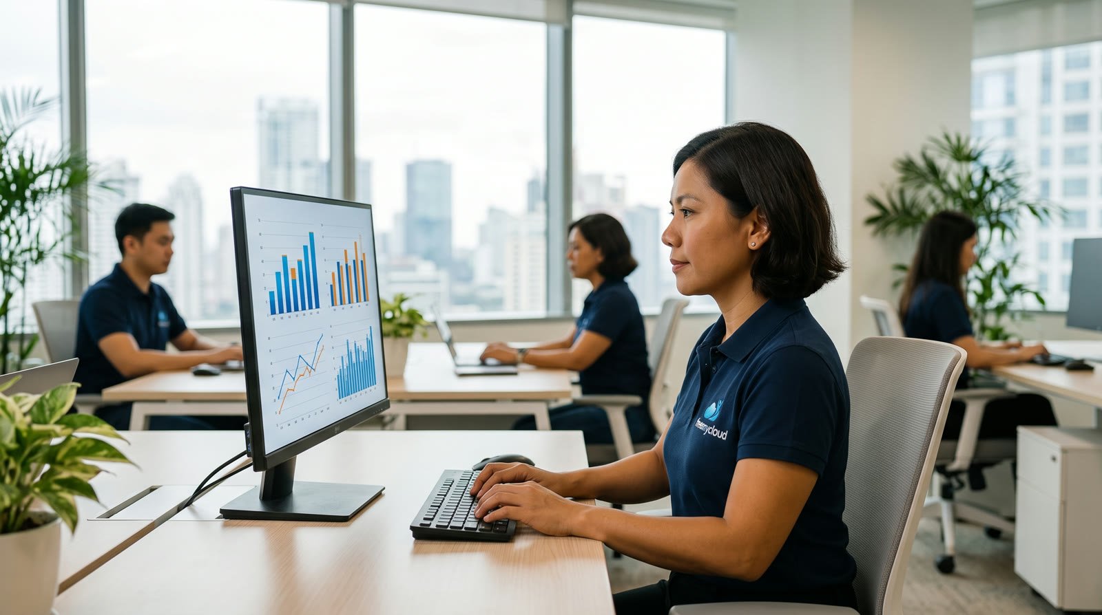 FreeMyCloud accountant in a navy freemycloud polo shirt reviewing a cafe's sales charts on a desktop PC in the open-plan Manila office, colleagues in the same uniform behind her