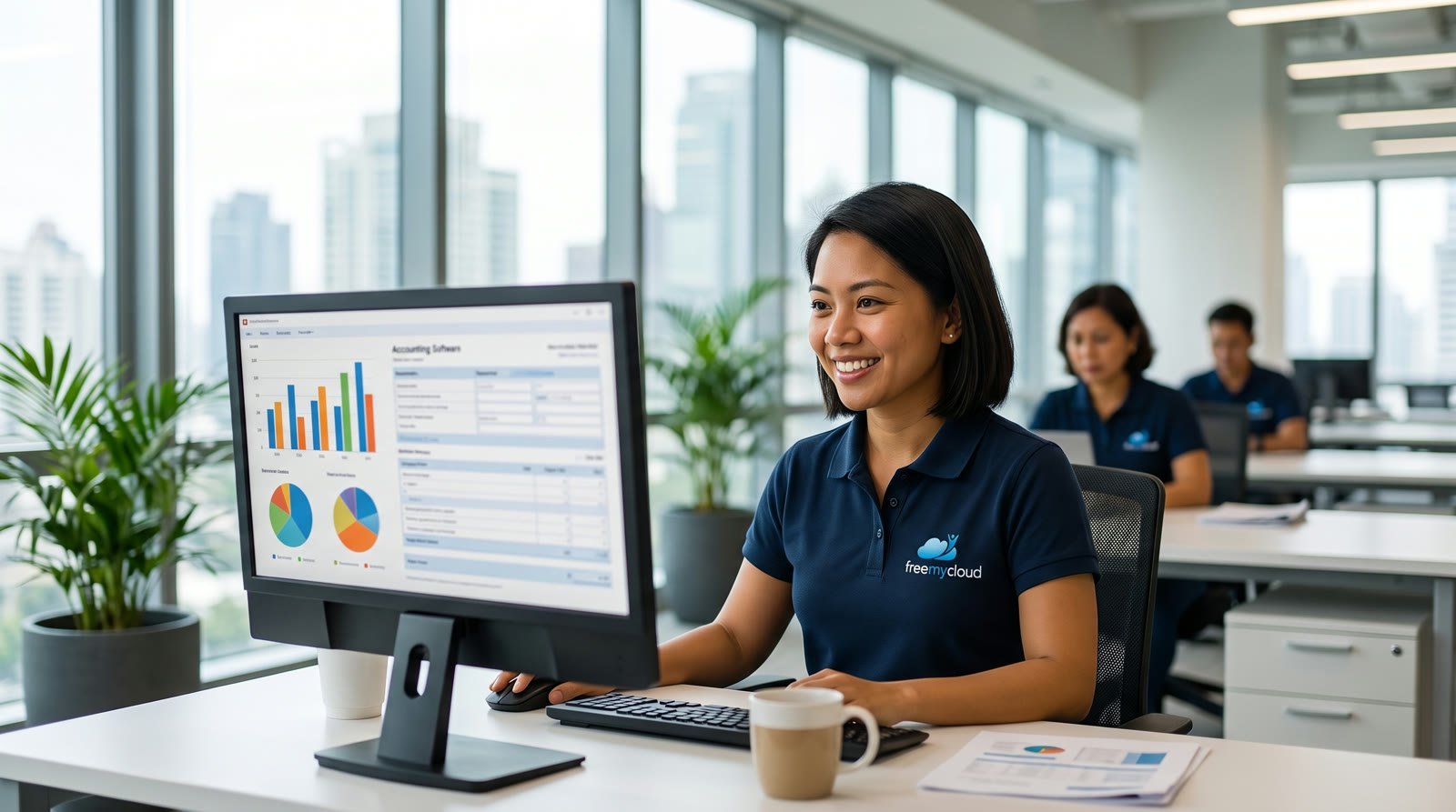 FreeMyCloud accountant in a navy freemycloud polo shirt preparing a business activity statement on a desktop PC in the open-plan Manila office, colleagues in the same uniform behind her
