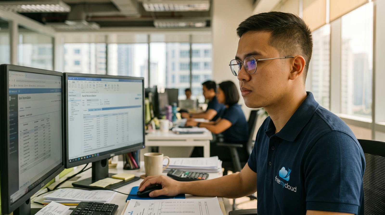 FreeMyCloud accountant in a navy freemycloud polo shirt reconciling accounts across two monitors, seen in close-up from the side, in the Manila office