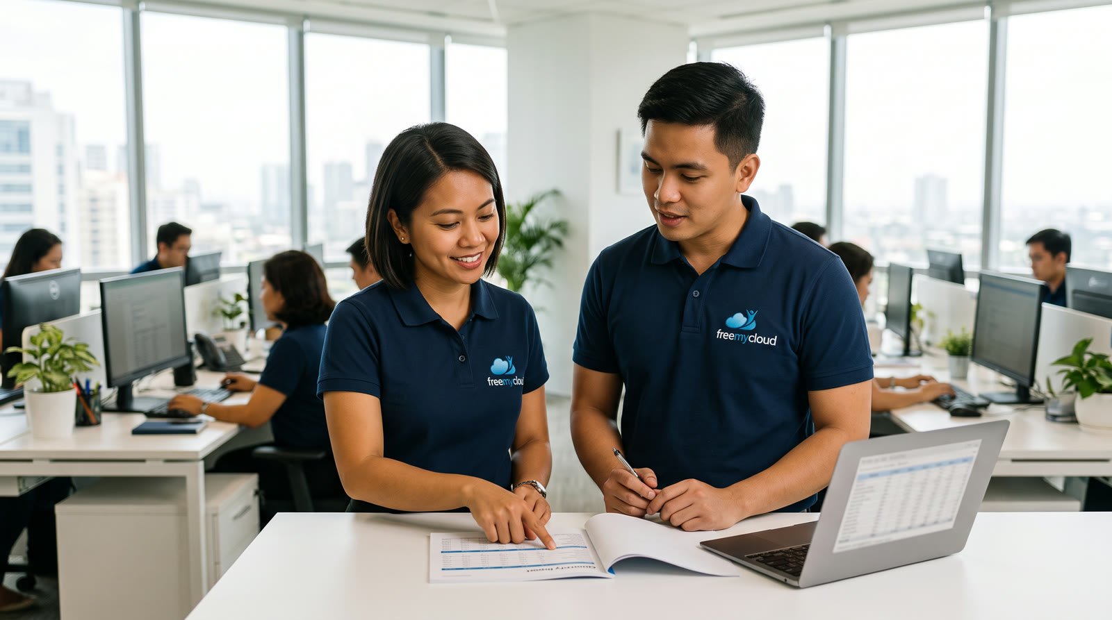 Two FreeMyCloud accountants in navy freemycloud polo shirts checking a printed quarterly report together at a desk in the open-plan Manila office