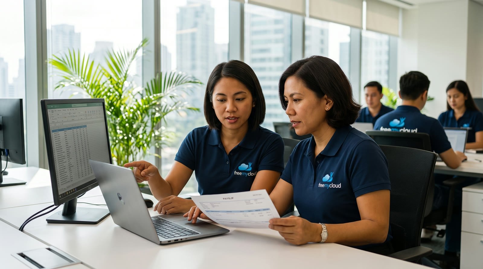 Two FreeMyCloud accountants in navy freemycloud polo shirts comparing a printed payslip with the payroll report in the Manila office