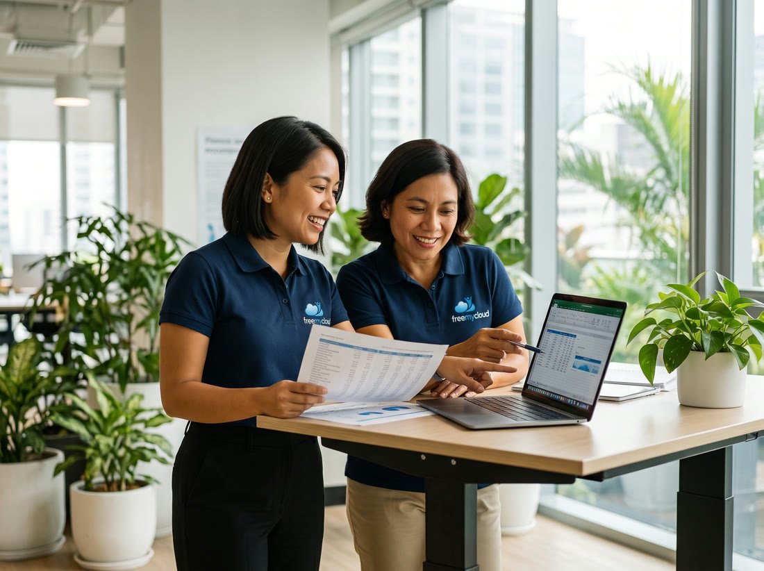 Two FreeMyCloud accountants in navy freemycloud polo shirts comparing reports on a laptop and a printout at a standing desk in the Manila office