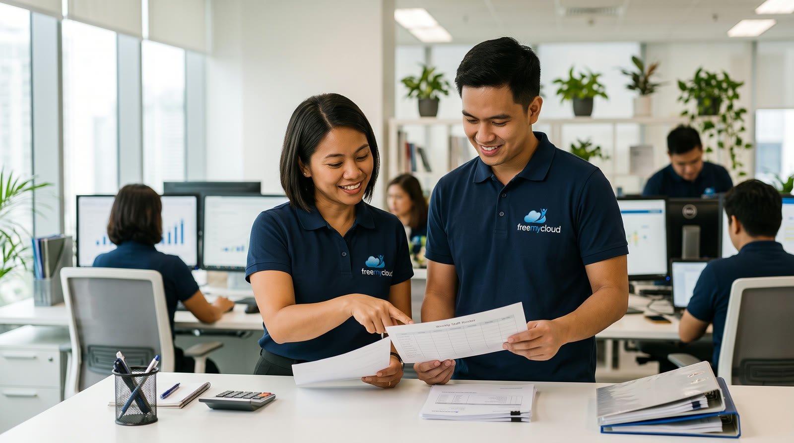 Two FreeMyCloud accountants in navy freemycloud polo shirts checking a printed weekly staff roster against supplier invoices at a desk in the open-plan Manila office