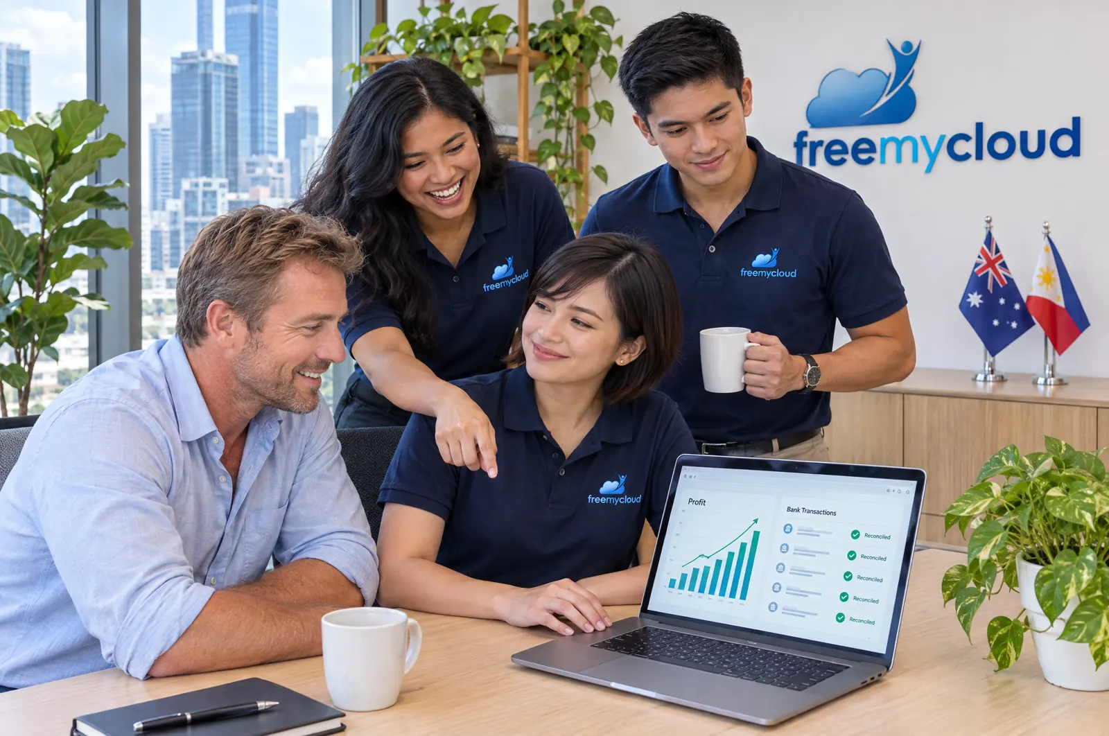FreeMyCloud bookkeepers in the Makati office showing an Australian client his reconciled books on a laptop