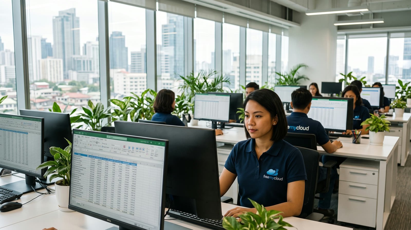 FreeMyCloud payroll accountant in a navy freemycloud polo shirt working on a payroll spreadsheet at a desktop PC in the open-plan Manila office, colleagues in the same uniform behind her