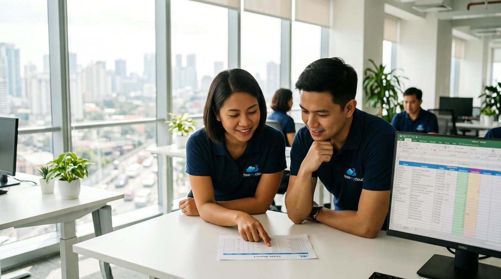 FreeMyCloud payroll accountants in navy freemycloud polo shirts checking an annual leave report together at a desk in the open-plan Manila office