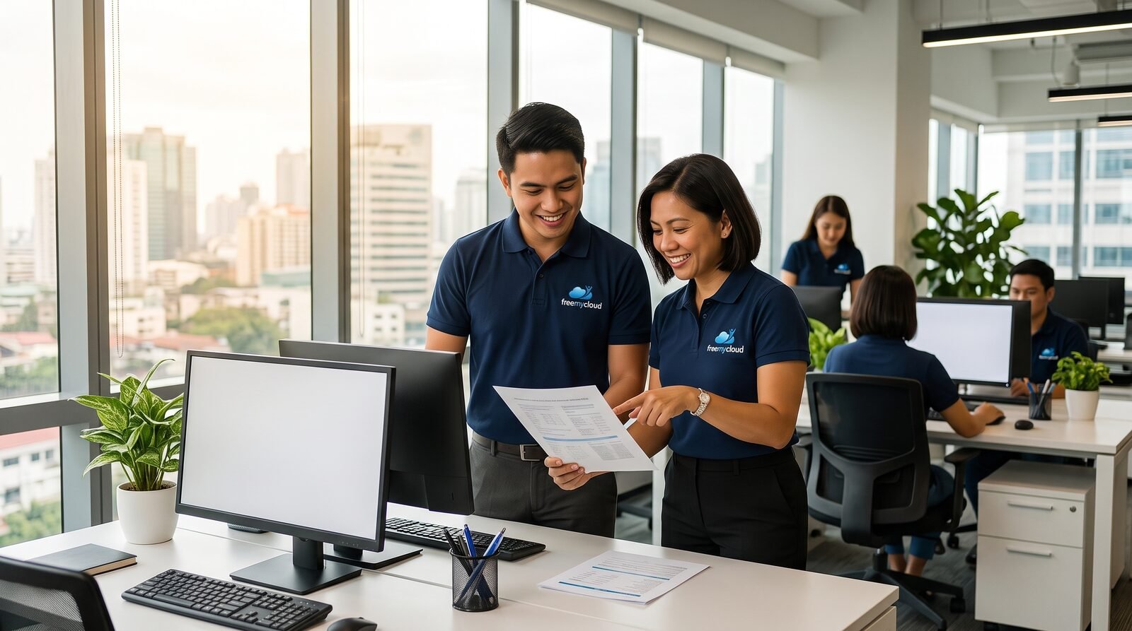 Two FreeMyCloud accountants in navy freemycloud polo shirts reviewing a printed asset schedule at a desk in the Manila office