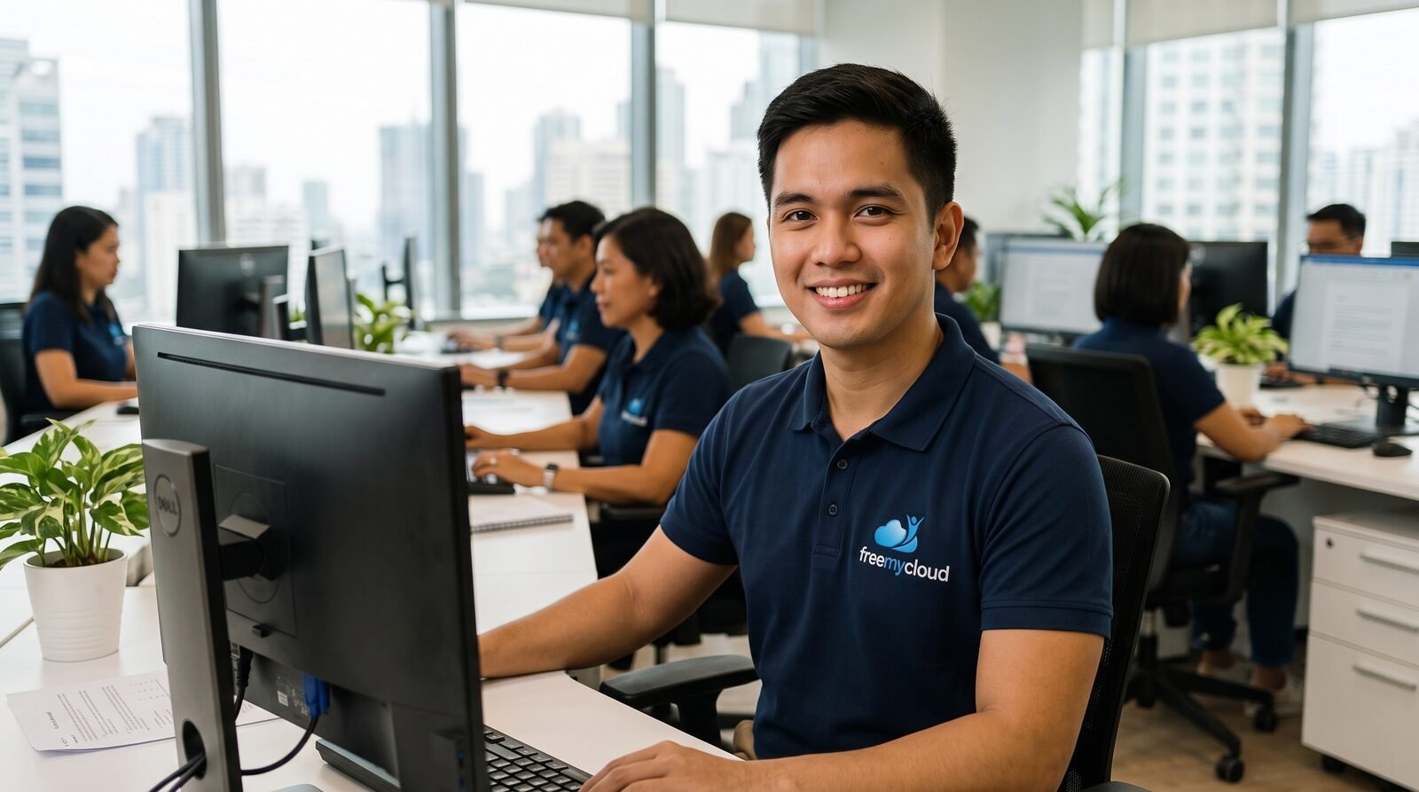 FreeMyCloud accountant in a navy freemycloud polo shirt working at a desktop PC in the bright open-plan Manila office