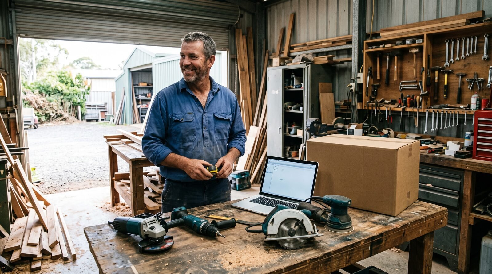 Australian small business owner standing at a workbench in a suburban workshop beside newly purchased power tools and an open laptop