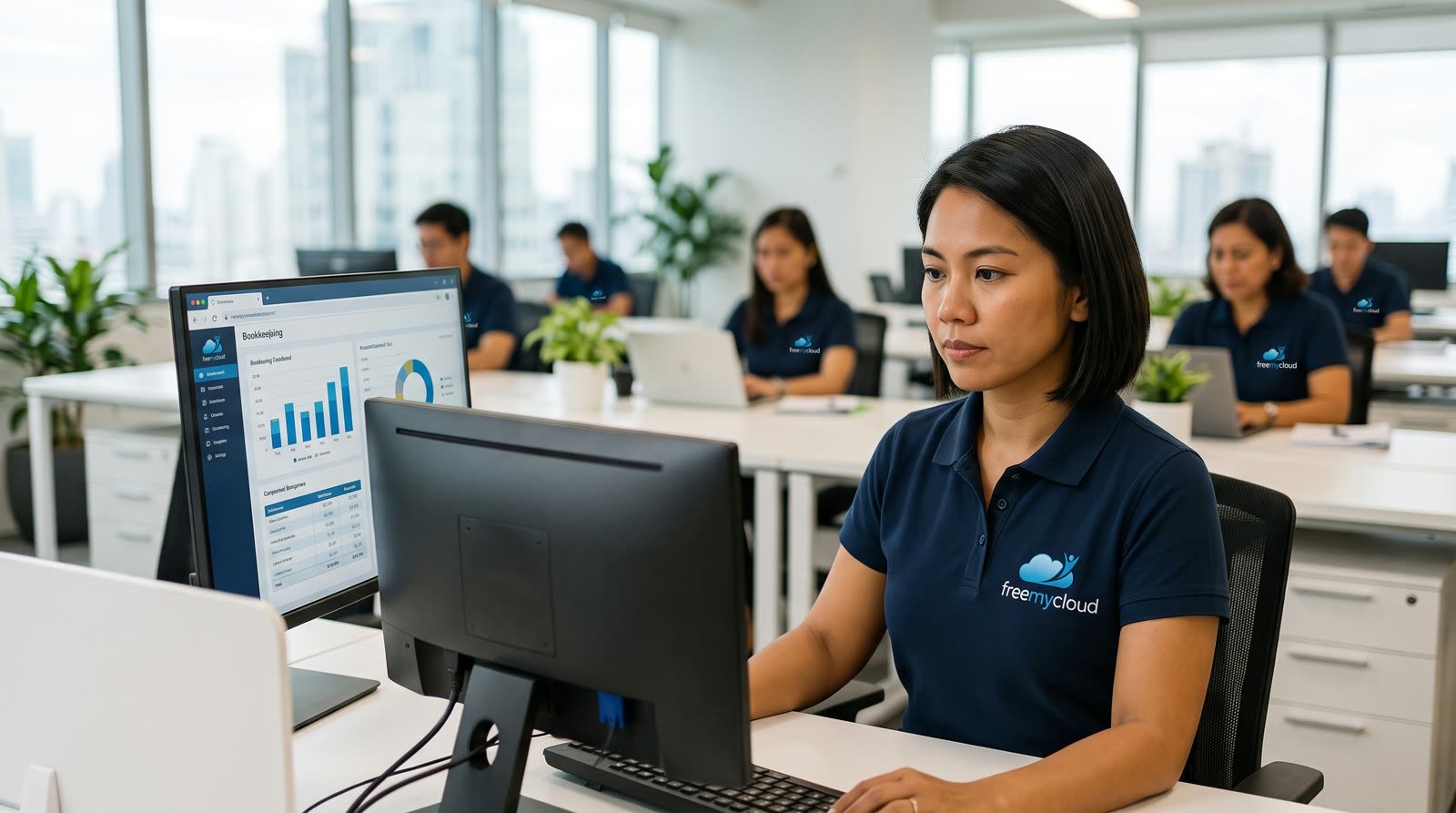 FreeMyCloud accountant comparing outsourced bookkeeping dashboards at her desk in the Manila office