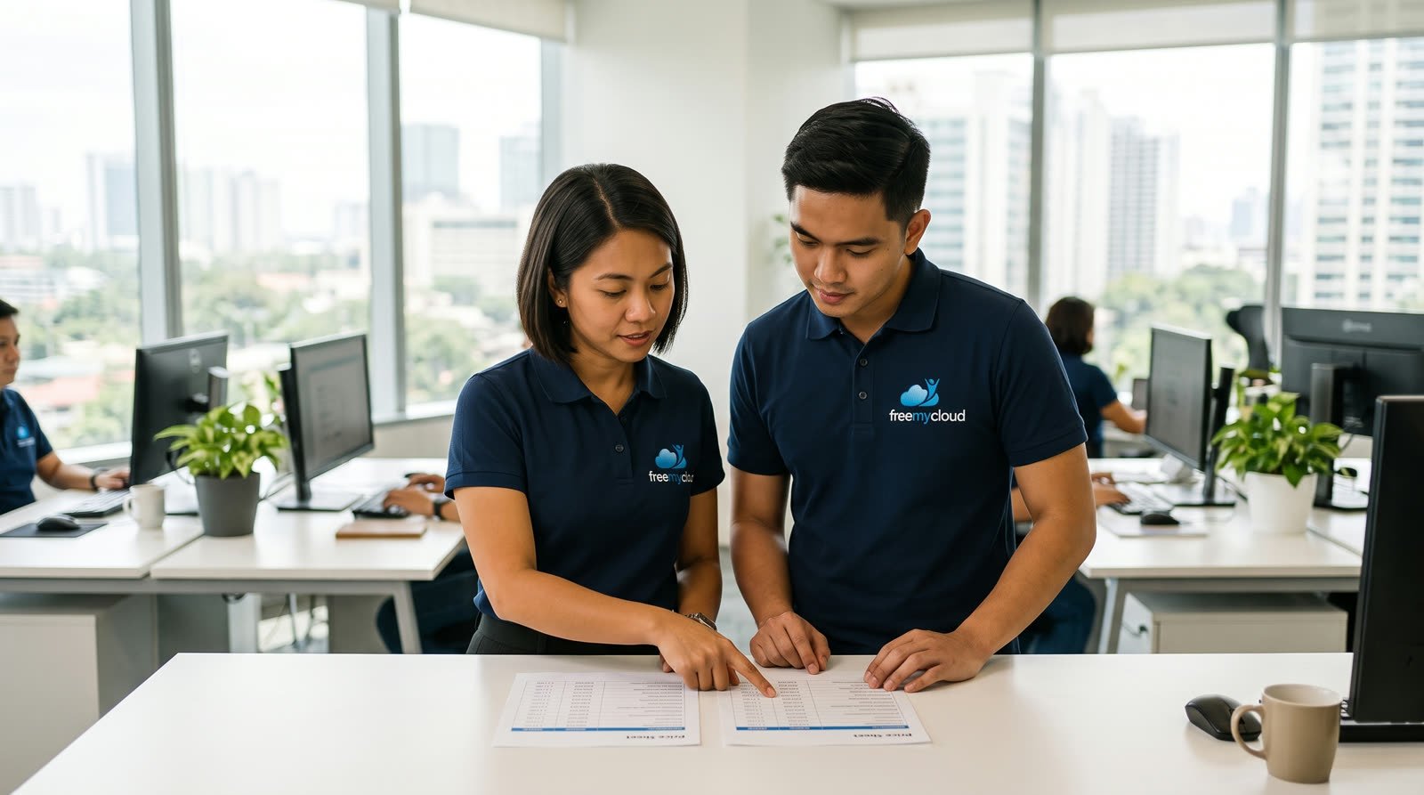 Two FreeMyCloud accountants comparing printed price sheets from outsourced bookkeeping providers