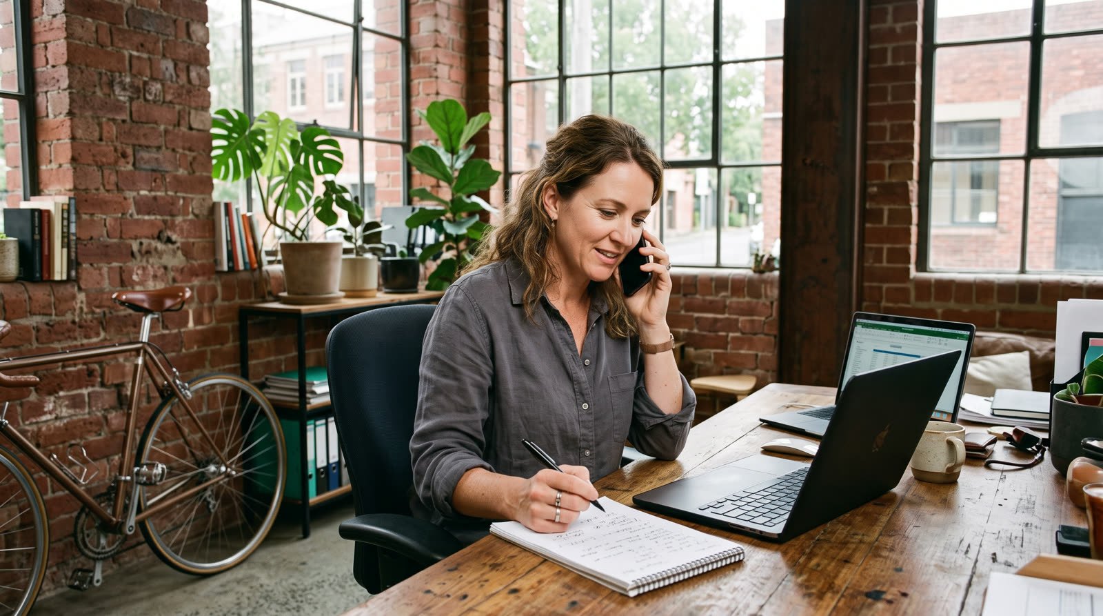 Australian business owner on the phone weighing up outsourced bookkeeping quotes in her Melbourne office