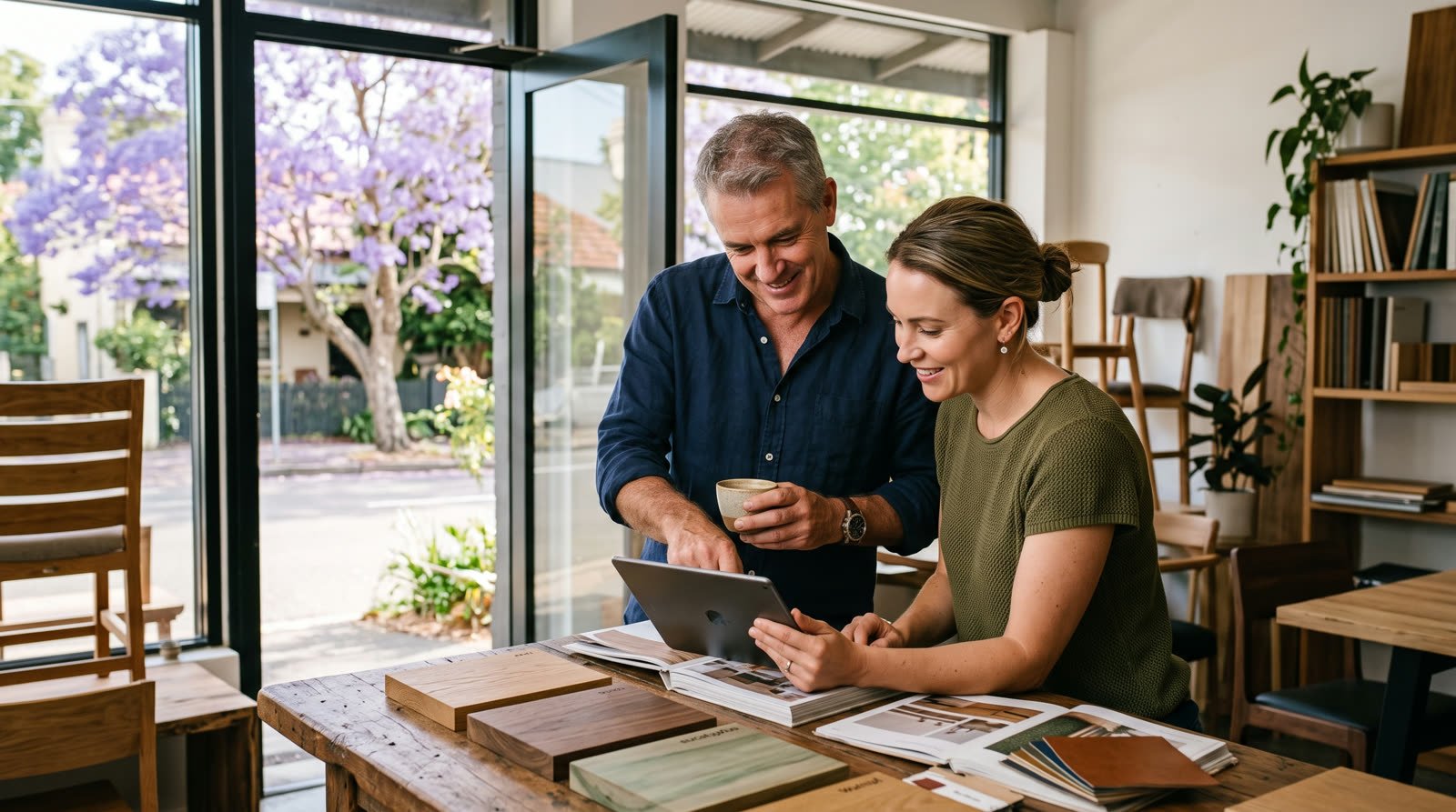 Two Australian business owners reviewing bookkeeping options together on a tablet in their showroom