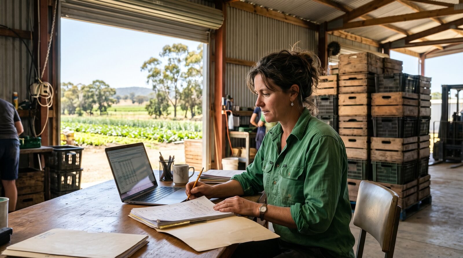 Australian grower working on a laptop and paper records at a desk in a bright farm packing shed, with produce crates stacked behind and fields beyond the roller door