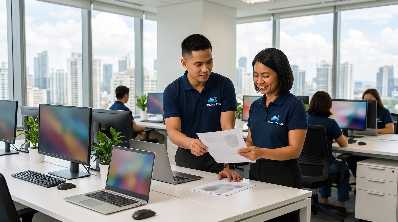 Two graduate accountants in navy freemycloud polo shirts reviewing a printed payroll document in a bright open-plan Manila office